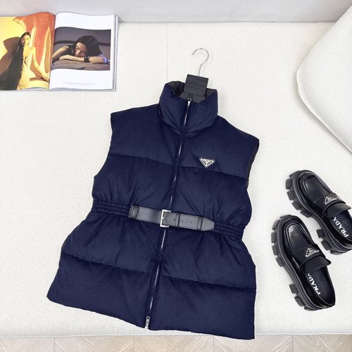 Prada Stand-up Collar Belted Woolen Down Vest with Logo