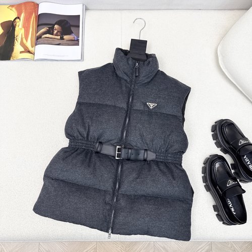 Prada Stand-Collar Belted Woolen Down Vest with Logo Decoration
