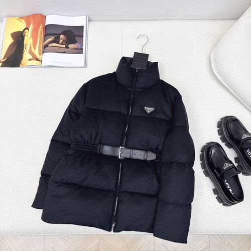 Prada Belted Wool Down Jacket with Triangle Logo
