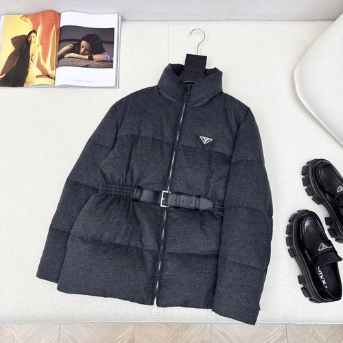 Prada Stand-Collar Belted Woolen Down Jacket with Logo, 90% Down Filled