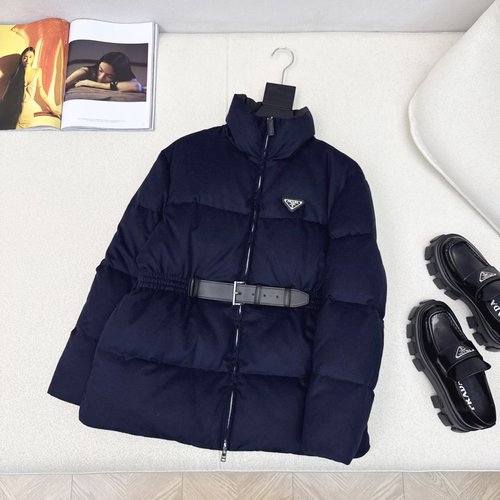 Prada Belted Wool Down Jacket with Triangle Logo