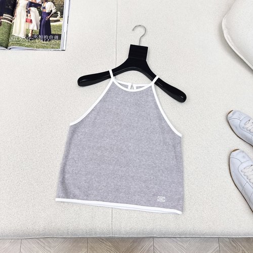 Celine Light Gray Velvet Camisole with Contrast Binding and Logo