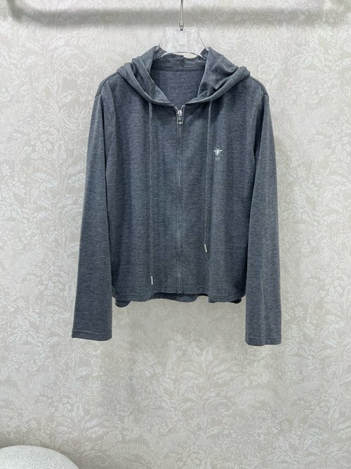 Dior Hooded Knit Cardigan with Bee Embroidery, Soft and Comfortable