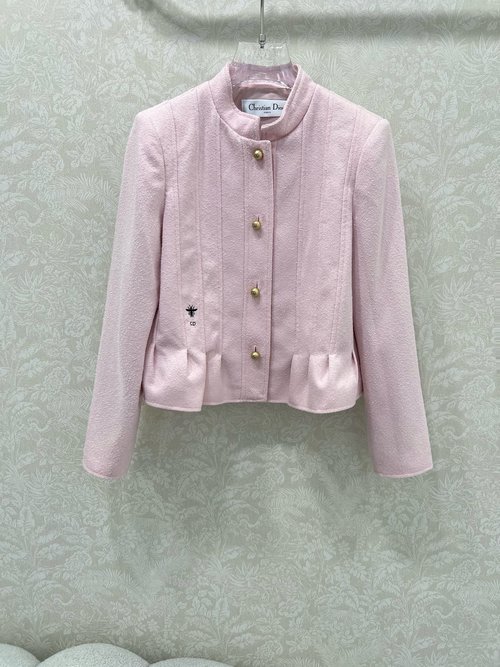 Dior Stand-Collar Buttoned Jacket with Pearl Buttons and Ruffled Hem, Vintage Style