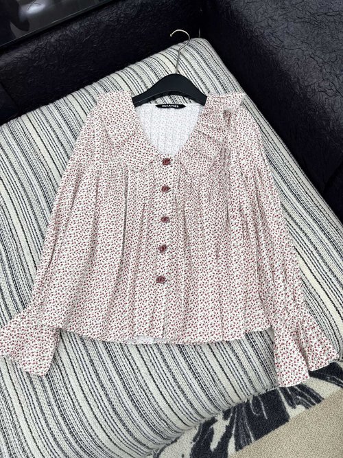Chanel Handmade Long-Sleeve Shirt with Organza Ruffles in Small-Chanel Style