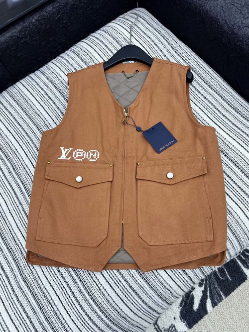 Louis Vuitton V-neck Thin Quilted Vest with Custom Color Block Print, Cute and Chic