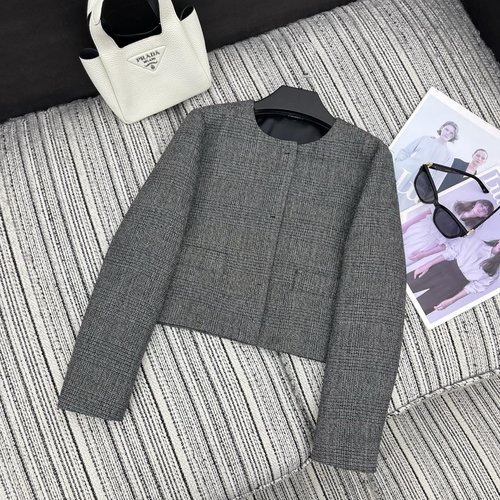 Prada Woolen Checked Round-Neck Long-Sleeve Coat with Back Triangle Logo