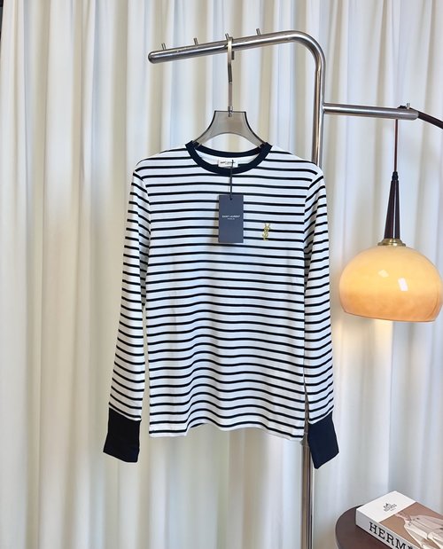 Yves Saint Laurent Embroidered Logo Slim-fit Striped Cotton Top, High Stretch and Softness