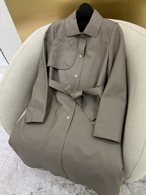 Hermes Elegant Long Leather Trench with Spanish Imported Litchi Grain Leather