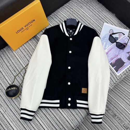 Louis Vuitton Unisex Wool Baseball Jacket with Color-blocked Leather Sleeves and Logo