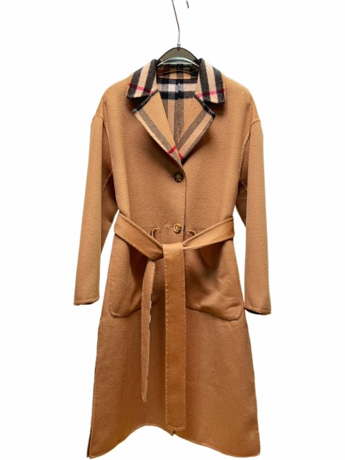 Burberry Long-length Suit Collar Belted Coat in Camel and Dark Grey