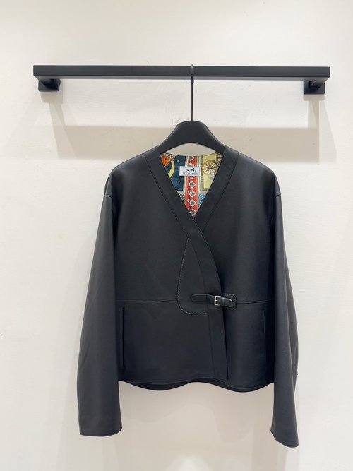 Hermes Classic Leather Buckle V - Neck Blazer with Spanish Imported Goatskin