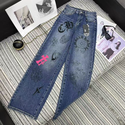 Chrome Hearts New Logo Printed Straight Denim Pants with Leather Embroidery