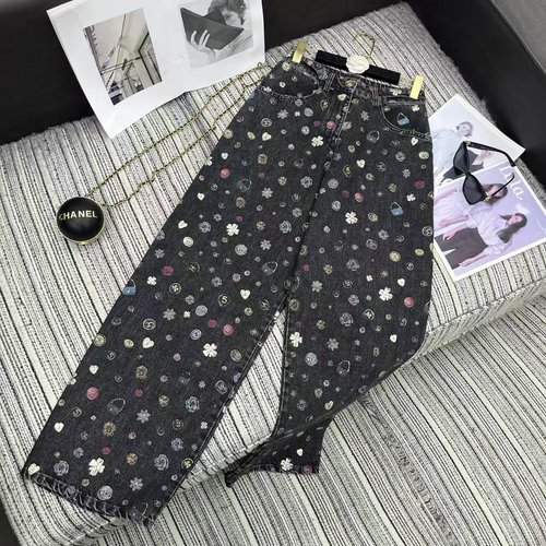 Chanel Denim Wide-leg Pants with Double C Logo Print