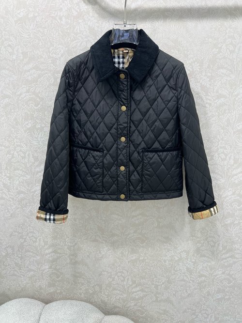 Burberry Classic Checked Short Cotton Jacket with Corduroy Collar and Cuffs