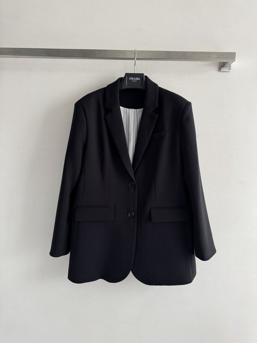 Prada Tailored Wool Blend Suit Jacket with Brand Details
