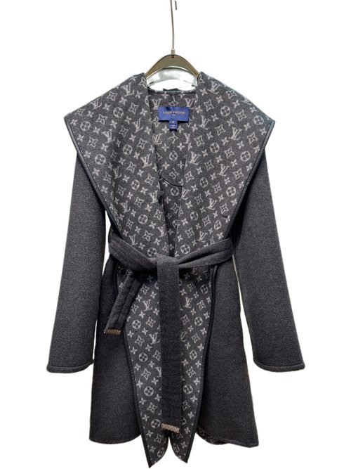 Louis Vuitton Dark Gray Floral Buckle-Belted Long Coat in Silk Blend Fabric