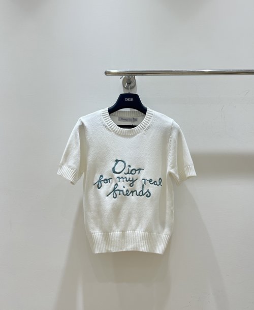Dior Letter Embroidered Round Neck Knit Short Sleeve with Slim Fit