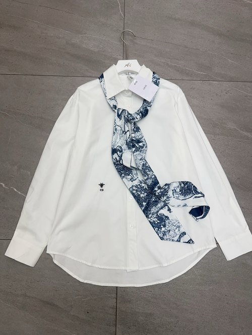Dior Solid-color Printed Silk Scarf Long-sleeved Shirt with Bee Logo