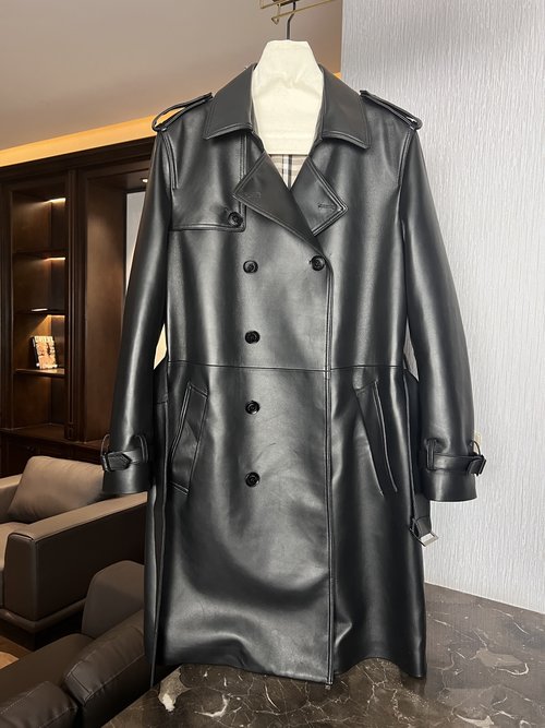 Burberry Elegant Long Leather Coat with Minimalist Design and Belt