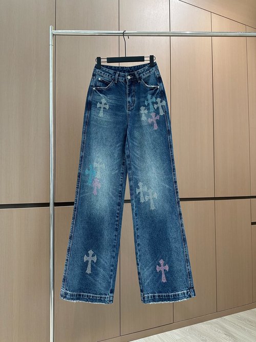 Chanel Designer Jeans with Rhinestone Decoration and Unique Pattern