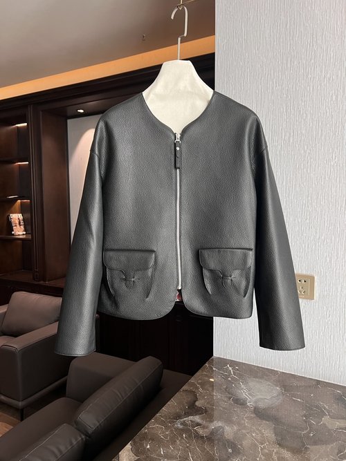 Hermes Elegant Leather Jacket with Spanish Imported Lambskin in Classic H - Shape