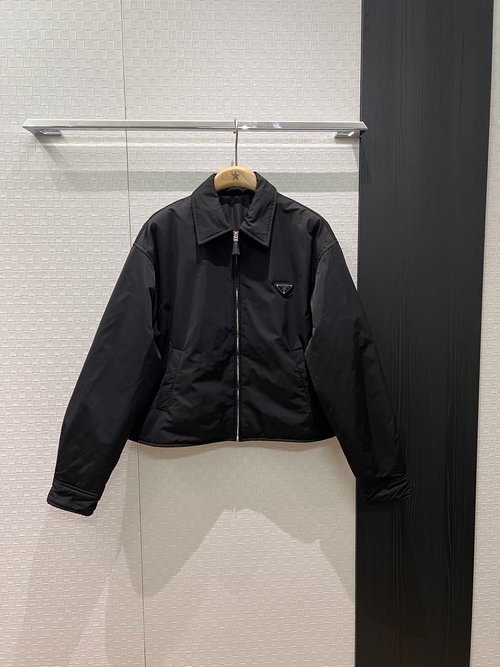 Prada Zippered Short Cotton Jacket with Triangle Badge