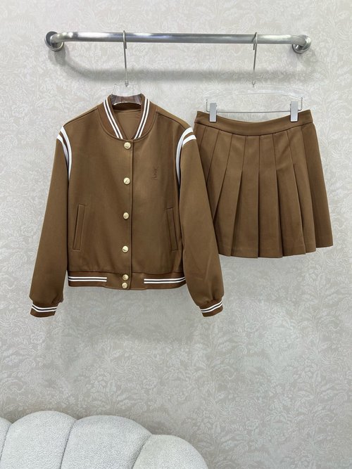 Yves Saint Laurent Stylish Baseball Jacket and Pleated Skirt Ensemble with YSL Emblem