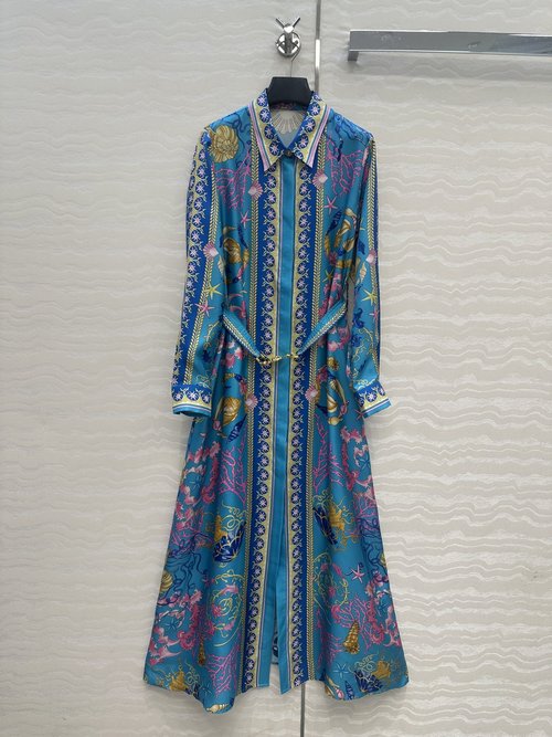 Versace Top - selling Silk Dress with Ocean Baroque Print and Metal Buckle