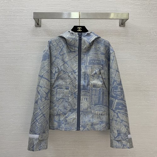 Dior Taffeta Tech Fabric Zip-up Hooded Windbreaker with Paris Map Print