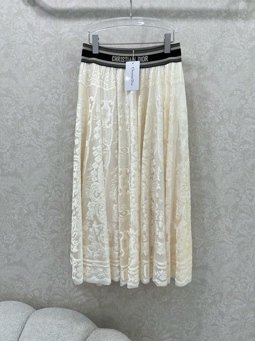 Dior Elegant Lace Half Skirt with Logo Webbing and Flared Hemline