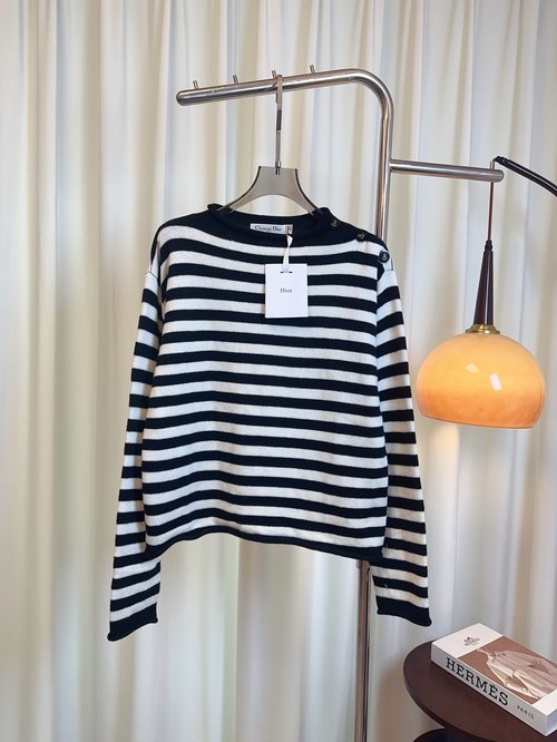 Dior Custom Jacquard Logo Striped Wool Top with Shoulder Buttons, Distinctive Style