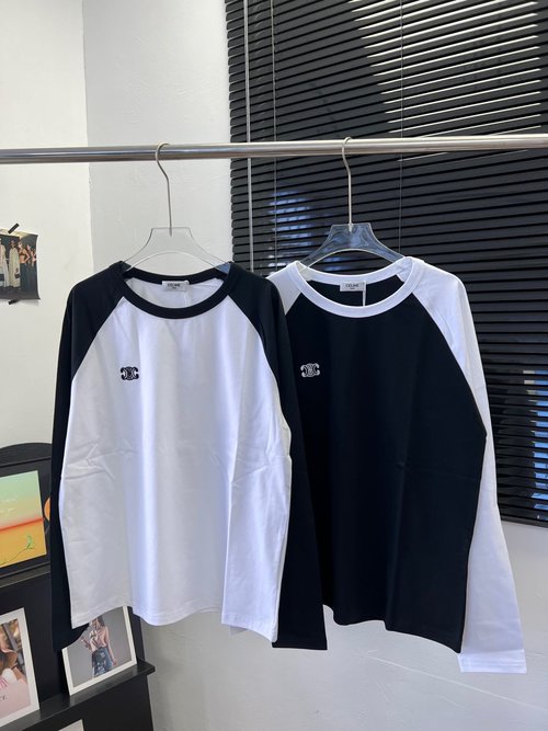 Celine Two-Tone Embroidered Raglan Sleeve Long-Sleeved Top