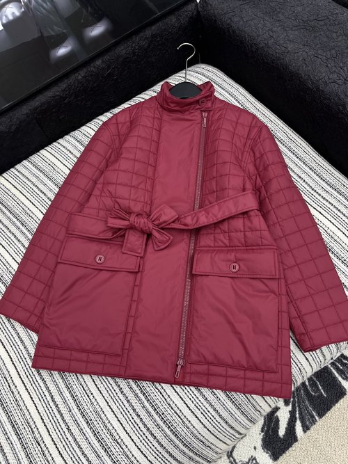 Hermes Customized Collared Zip Cotton Coat with Waist Belt and Waffle Stitch