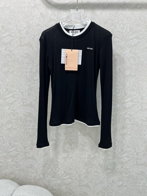 Miu Miu Custom Imported Tencel Wool Long Sleeve Top with Contrast Cuffs