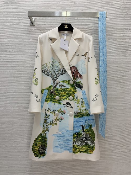 Dior Mid-Length Trench Coat with Landscape Print, Double Buttons and Waist Belt