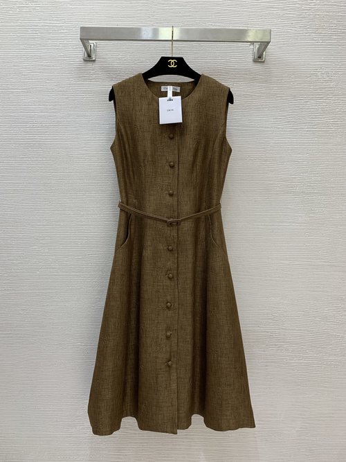 Dior Custom Bow-Embossed Sleeveless Dress with Belt and Waistband