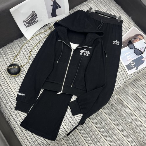 Chrome Hearts Recommended Early Autumn-Winter: Rhinestone Cross Hoodie with Suspender and Flare Pants Set