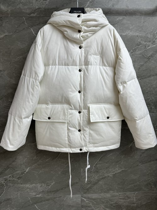 Prada New Arrival: White Hooded Down Jacket with Triangle Embroidery