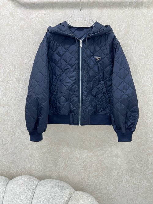 Prada Triangle Logo Quilted Hooded Cotton Jacket for a Casual Look