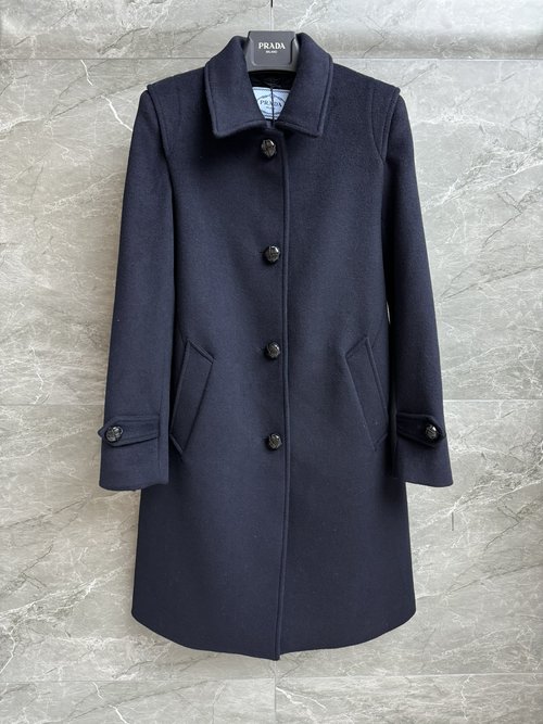 Prada Sophisticated Navy Wool Coat with Logo Embellishment