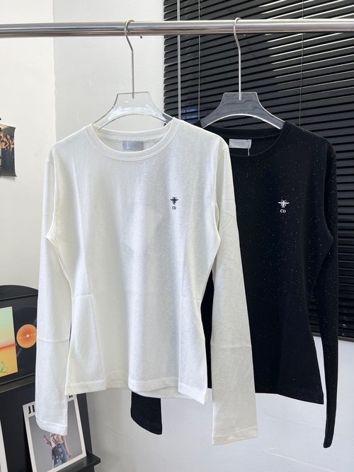 Dior New Arrival: Two - Color Embroidered Logo Bamboo Cotton Long - Sleeve Shirt