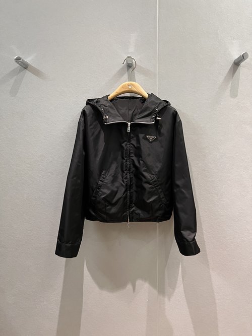 Prada Triangular Emblem Nylon Hooded Coat with A - Line Skirt