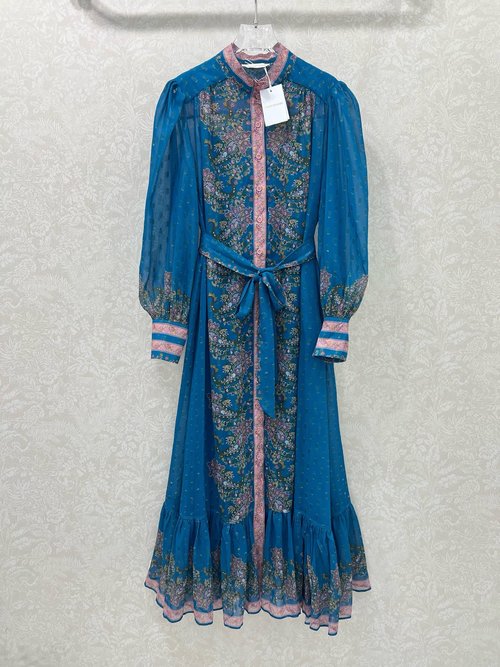 Zimmermann Fairy-style Zimmerman Sapphire Print Dress with Ruffled Sleeves and Belted Waist
