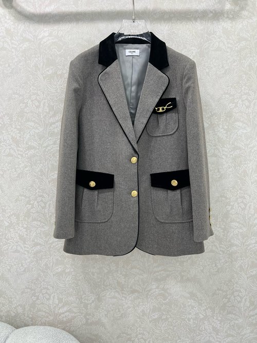 Celine Woolen Suit Jacket in Melange Color with Velvet Collar and Hardware