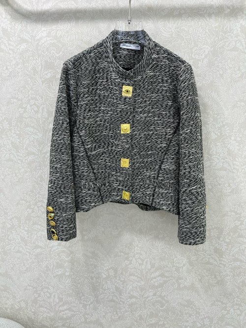 Schiaparelli Short Coat with Chinese Collar and Brand Hardware, Gray Tweed Fashion