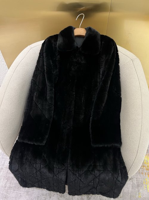 Dior Classic Wicker Pattern Mink Fur Long Coat with CD - style Embroidery