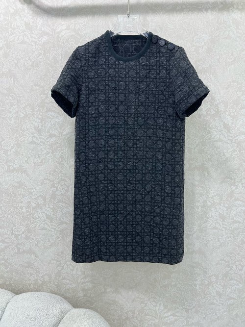 Dior Tweed Short-Sleeved Dress with Contrast and Texture, Branded Elegance