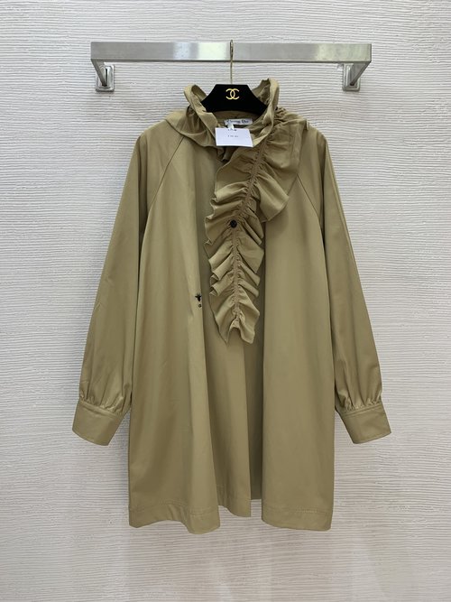 Dior Loose and Versatile Khaki Long-Sleeve Dress with CD Bee Embroidery and Ruffled Collar