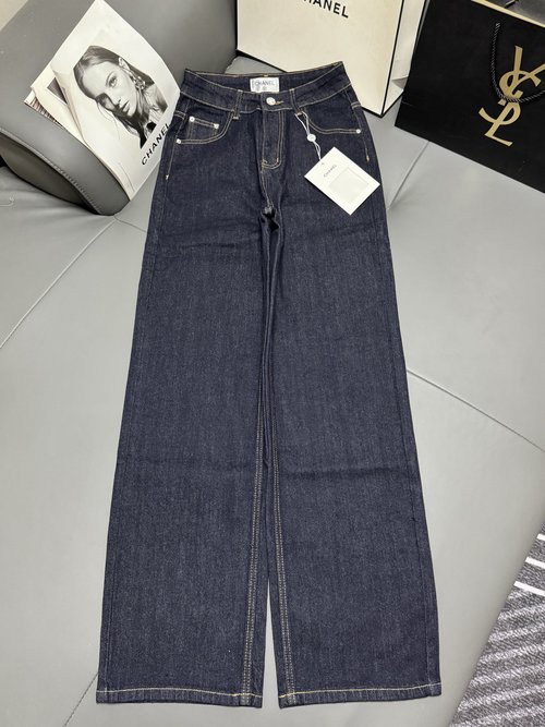 Chanel Stylish and Durable Denim Elastic Straight-Leg Pants with Pearl Logo